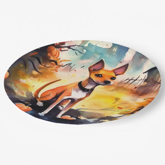 ハロウィンバセンジとカボチャ怖い ペーパープレート (アングル)