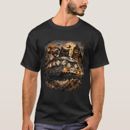 ハロウィンパグと黒猫の幽霊モノレール Tシャツ