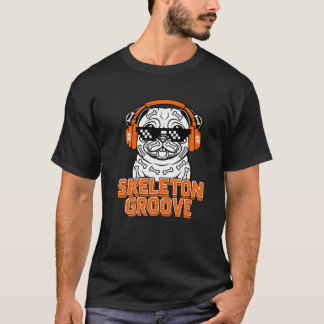 ハロウィンパグのスケルトングルーヴDJ犬 Tシャツ