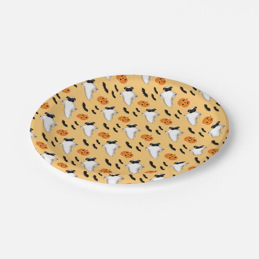 ハロウィンパグ幽霊カウトパンプキンこうもりイエロー ペーパープレート (アングル)