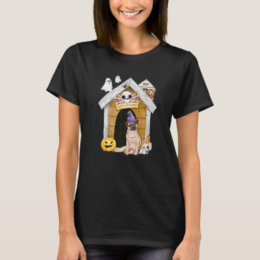 ハロウィンパグ犬魔女お化け屋敷 Tシャツ (正面)