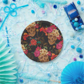 ハロウィンパターン，スカル,バラ，ゴシック，黒，トレンディー ペーパープレート (パーティー)