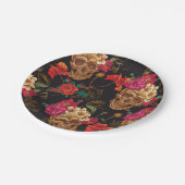 ハロウィンパターン，スカル,バラ，ゴシック，黒，トレンディー ペーパープレート (アングル)