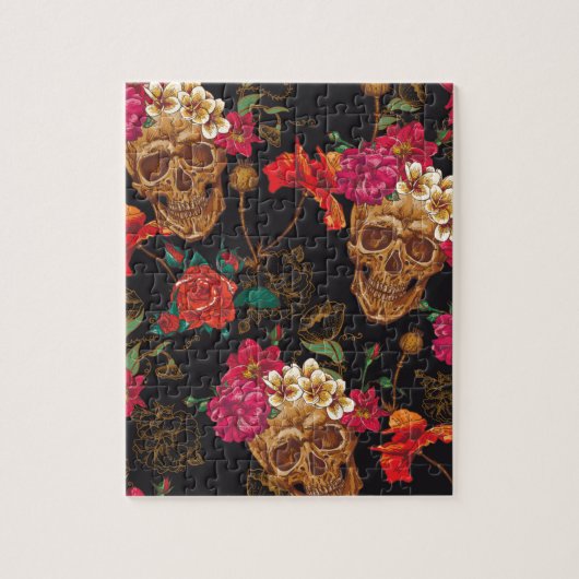 ハロウィンパターン、スカル、黒いバラ、ゴシック様式トレンディー ジグソーパズル (縦)