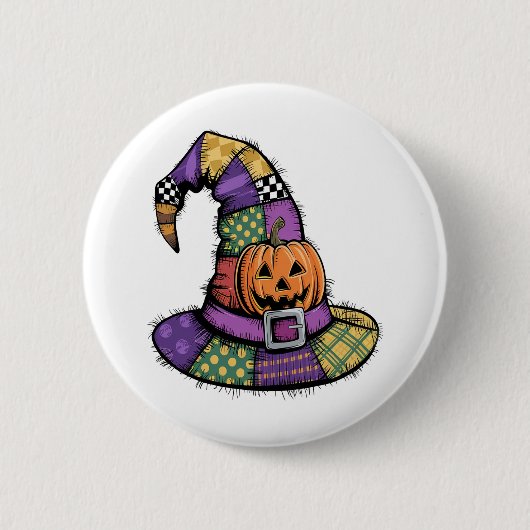 ハロウィンパッチワークの魔女不気味帽子 缶バッジ (正面)