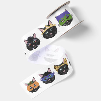 ハロウィンパレードの衣装を着た9匹の黒猫 サテンリボン