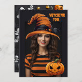 ハロウィンパーソナライズされたの魔女の帽子をかぶった写真 招待状 (正面/裏面)