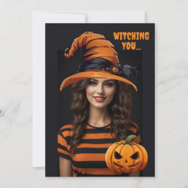 ハロウィンパーソナライズされたの魔女の帽子をかぶった写真 招待状