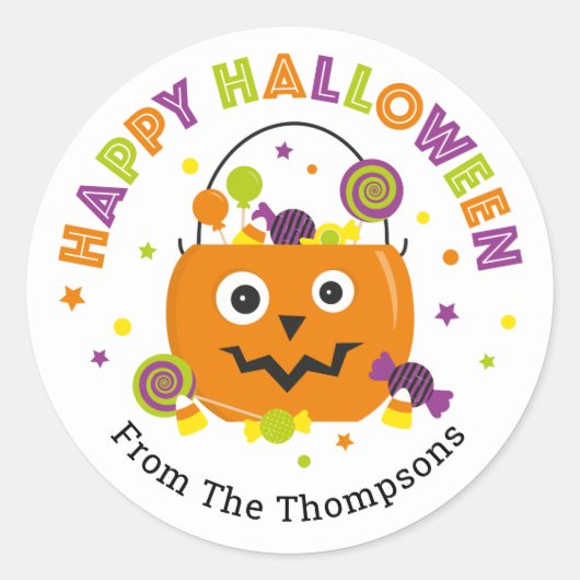ハロウィンパーソナライズされたキャンディペールラウンドステッカー ラウンドシール (正面)