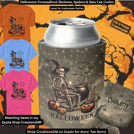 ハロウィンパーソナライズされたスケルトン、スパイダー&こうもり 缶クーラー