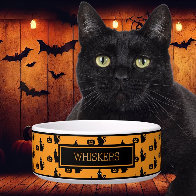 ハロウィンパーソナライズされたブラックキャットカボチャペット ボウル (クリエイターアップロード済み)