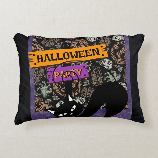 ハロウィンパーティーと黒猫 アクセントクッション (正面)