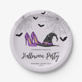 ハロウィンパーティーにぴったりな魔法使いの帽子とハイヒールとコウモリ ペーパープレート