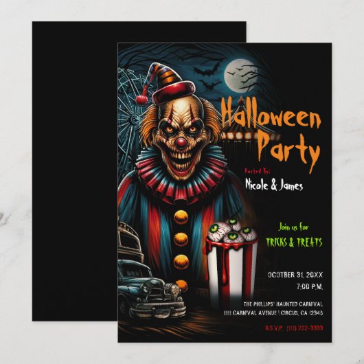 ハロウィンパーティーに不気味なカーニバルピエロ 招待状 (正面/裏面)