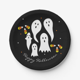 ハロウィンパーティーのお化けとキャンディコーン 黒 オレンジ ペーパープレート