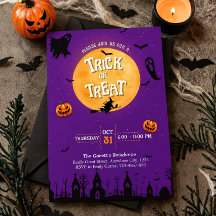 ハロウィンパーティーのお菓子をあげるよ招待状 パープル