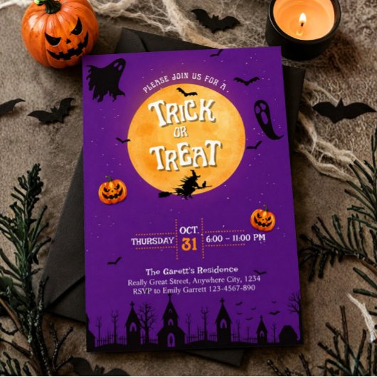 ハロウィンパーティーのお菓子をあげるよ招待状 パープル 招待状