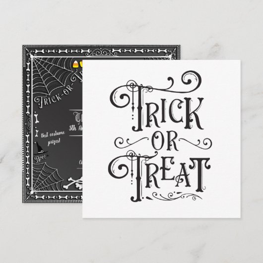 ハロウィンパーティーのお菓子をください Bones ブラック ホワイト 招待状 (正面/裏面)
