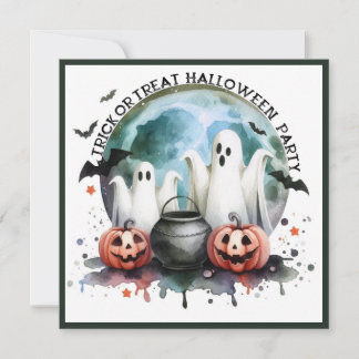 ハロウィンパーティーのお誘いカード　トリックオアトリート　ゴーストとカボチャ 招待状