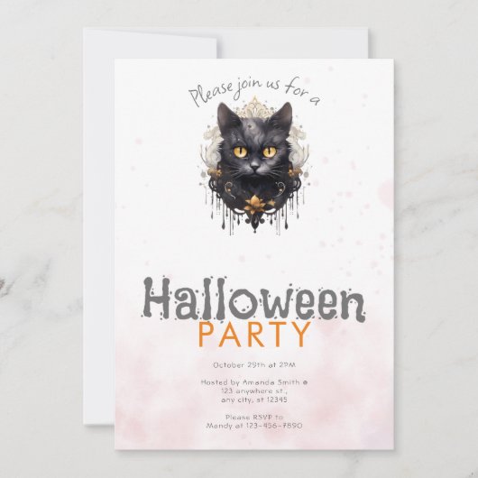 ハロウィンパーティーのための高貴な黒猫ラインストーン 招待状 (正面)