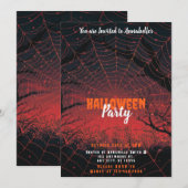 ハロウィンパーティーのオレンジ色とピンクの夕焼けのクモの巣 招待状 (正面/裏面)