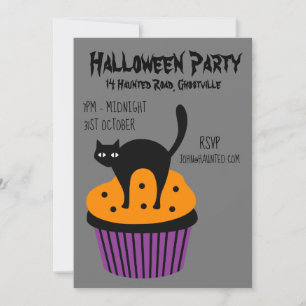 ハロウィンパーティーのカップケーキ 黒とオレンジの猫 招待状