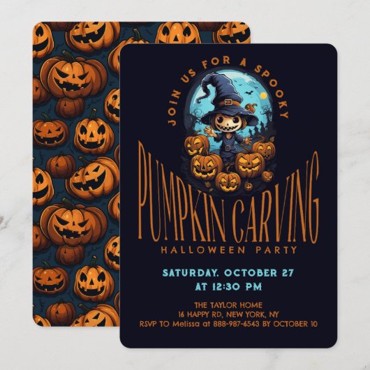 ハロウィンパーティーのカボチャカービング 招待状 (正面/裏面)
