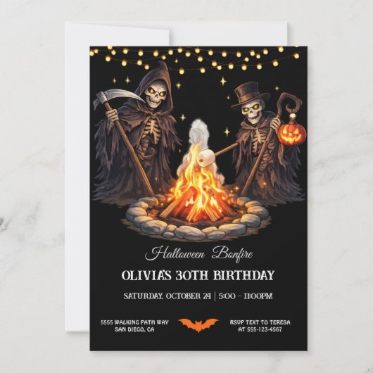 ハロウィンパーティーのキャンプファイヤーとホラーキャラ 招待状 (正面)