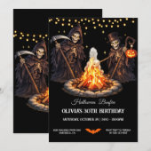 ハロウィンパーティーのキャンプファイヤーとホラーキャラ 招待状 (正面/裏面)