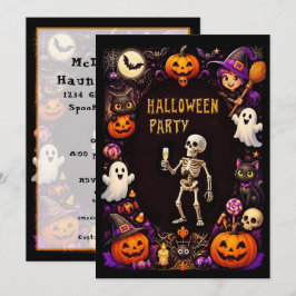 ハロウィンパーティーのスケルトンとシャンパングラス 招待状
