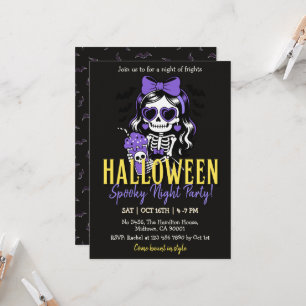 ハロウィンパーティーのスケルトンガール パープル 招待状