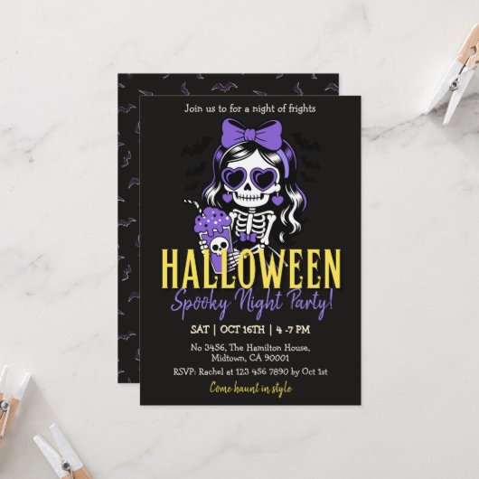 ハロウィンパーティーのスケルトンガール パープル 招待状 (正面/裏面インサイチュ)