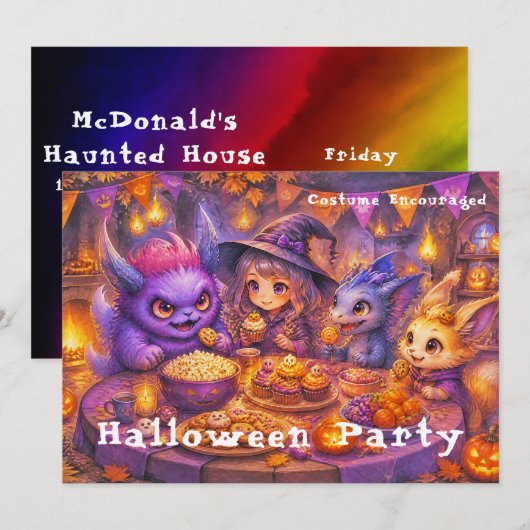 ハロウィンパーティーのテーブルにいるモンスターたち 招待状 (正面/裏面)