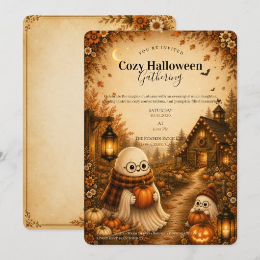 ハロウィンパーティーの招待状 - お化けとカボチャ 招待状 (正面/裏面)