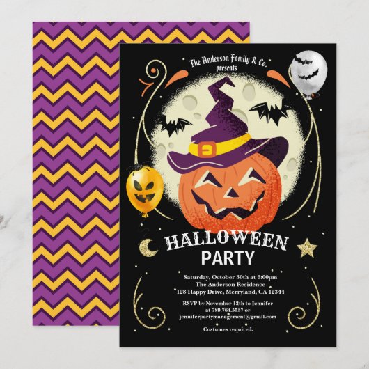 ハロウィンパーティーの招待状。かわいいカボチャのコスチュームパーティー 招待状 (正面/裏面)