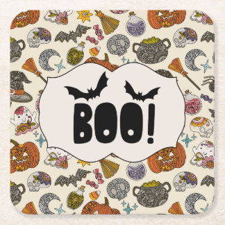 ハロウィンパーティーの招待状 | かわいいスプーキーなハロウィン スクエアペーパーコースター