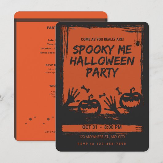 ハロウィンパーティーの招待状 オレンジ 黒 招待状 (正面/裏面)
