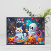 ハロウィンパーティーの招待状 ゴーストと子猫たち 案内状 (スタンド正面)