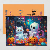 ハロウィンパーティーの招待状 ゴーストと子猫たち 案内状 (正面/裏面)