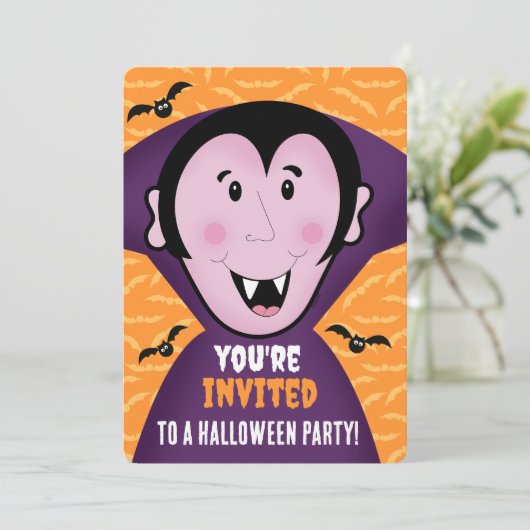 ハロウィンパーティーの招待状 ドラキュラ ヴァンパイア キッズ かわいい シーズンカード (スタンド正面)