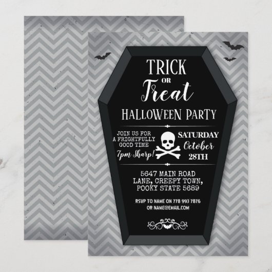 ハロウィンパーティーの招待状 棺 バット スカル クロスボーン 招待状 (正面/裏面)