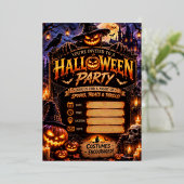 🎃 ハロウィンパーティーの招待状(編集可能) | スプーキー 箔招待状 (立ち正面)