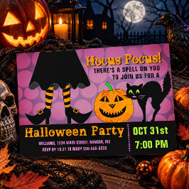 ハロウィンパーティーの招待状　魔法使いの足と猫とカボチャ インビテーションポストカード