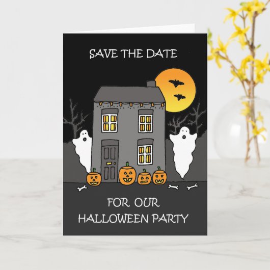 ハロウィンパーティーの日程を保存 カートゥーンユーモア カード (黄色い花)