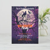 ハロウィンパーティーの紫の夜の満月と不気味な木 招待状 (スタンド正面)