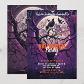 ハロウィンパーティーの紫の夜の満月と不気味な木 招待状 (正面/裏面)
