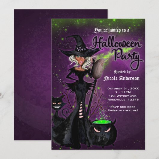 ハロウィンパーティーの華やかさ 黒緑紫の魔女 招待状 (正面/裏面)