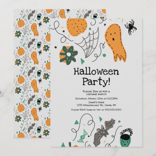 ハロウィンパーティーの衣装の幽霊柄イラスト 招待状 (正面/裏面)