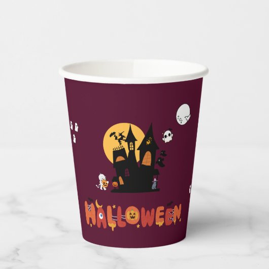 ハロウィンパーティーカップ - お化け屋敷とかぼちゃ 紙コップ (左)