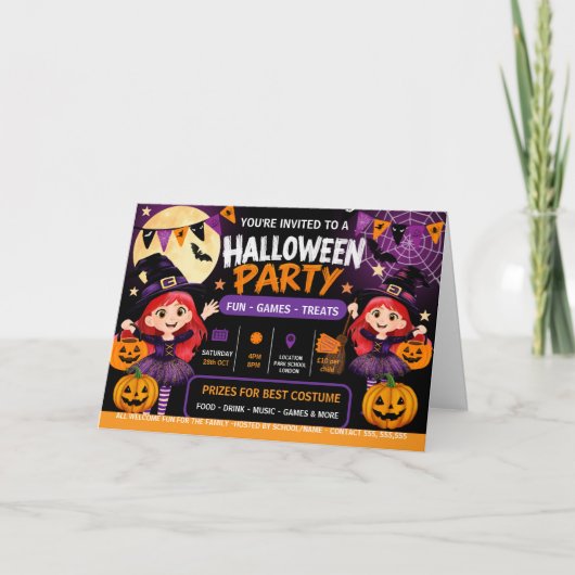 ハロウィンパーティーキッズ招待状 | かわいいスプーキー カード (正面)
